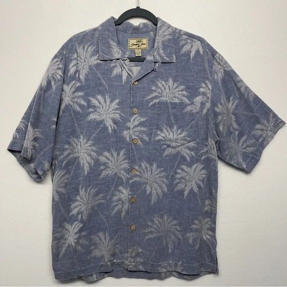 Jamaica Jaxx Hawaiian Button Down Shirt M 100% Silk Blue/Gray Palm Tree Print - Picture 1 of 8